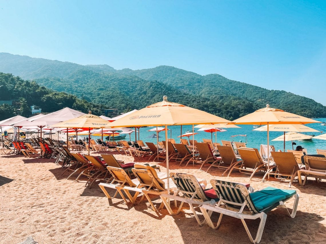 beach lounge chairs available in front of Fanny's in Yelapa, Mexico